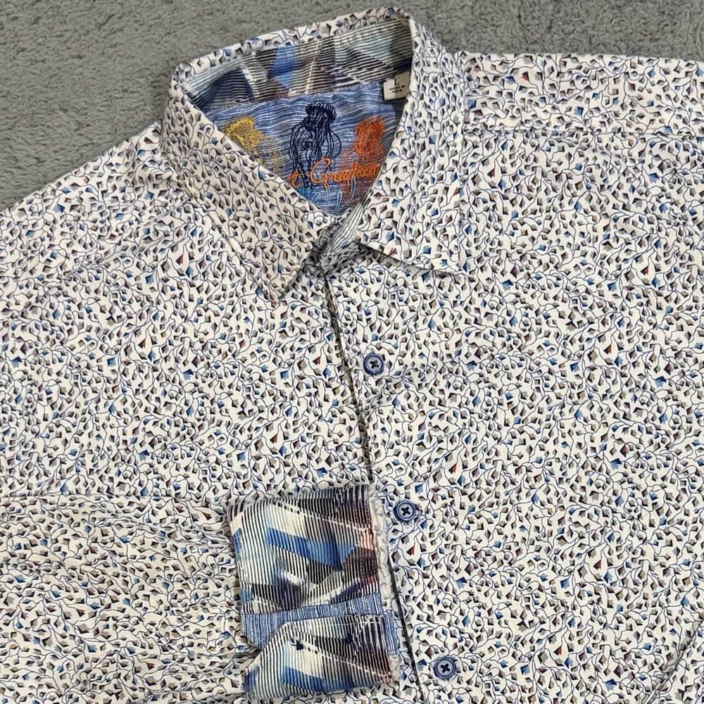 Robert Graham Men's L Floral AOP Button Geometric Flipped Cuff Shirt Classic Fit